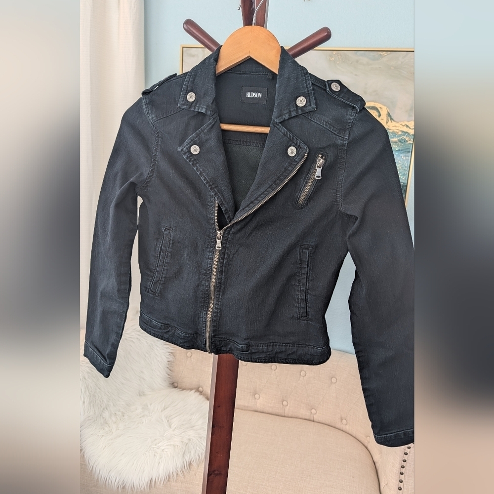 Hudson Crop Denim Moto Dark Blue Jacket Woman's - Picture 4 of 13